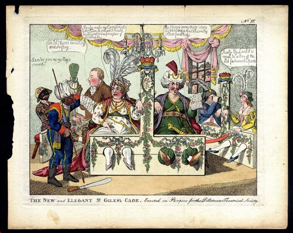 James Gillray - THE NEW AND ELEGANT ST GILES’S CAGE. Erected on Purpose for the Dillitanti Theatrical Society.acquaforte  cm 26,0x 20,5