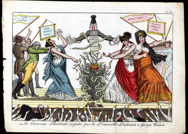 James Gillray - La Couronne Théatrale disputed by the Demoiselles Duchesnois & Georges Weimer