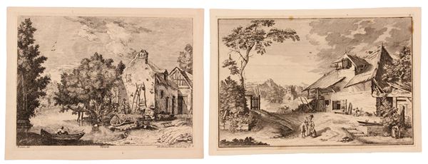 Johann Georg Hertel - Paesaggio con casolare lungo il fiume | Paesaggio con casolare e contadini