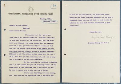 Governo Nazionalista della Repubblica di Cina Lettera Dattiloscritta Autografa di Song Meiling, M...
