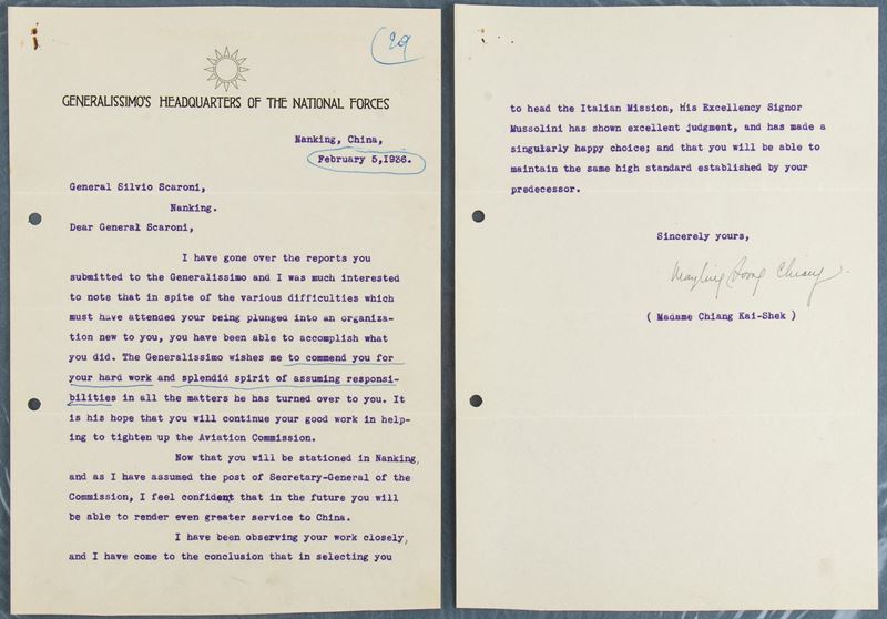 Governo Nazionalista della Repubblica di Cina Lettera Dattiloscritta Autografa di Song Meiling, M...
