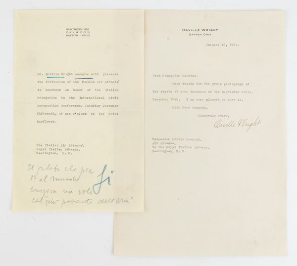 Lettera autografa di Orville Wright al comandante Scaroni