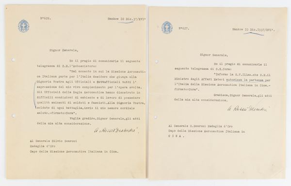 Lettera di autorizzazione alla missione areonautica in cina e traslazione di telegramma