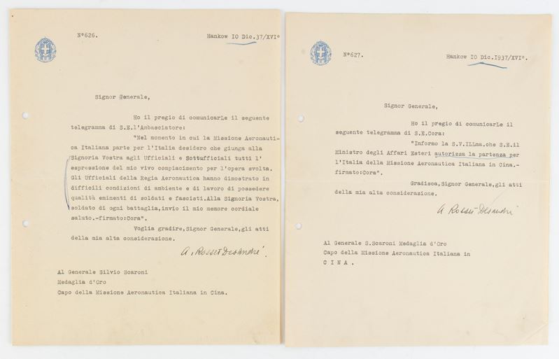 Lettera di Autorizzazione alla Missione Areonautica in Cina e Traslazione di Telegramma