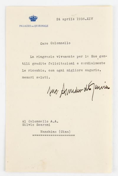 Lettera di Ringraziamento al Generale Scaroni da Amedeo di Savoia