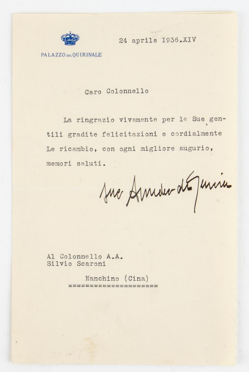Lettera di Ringraziamento al Generale Scaroni da Amedeo di Savoia