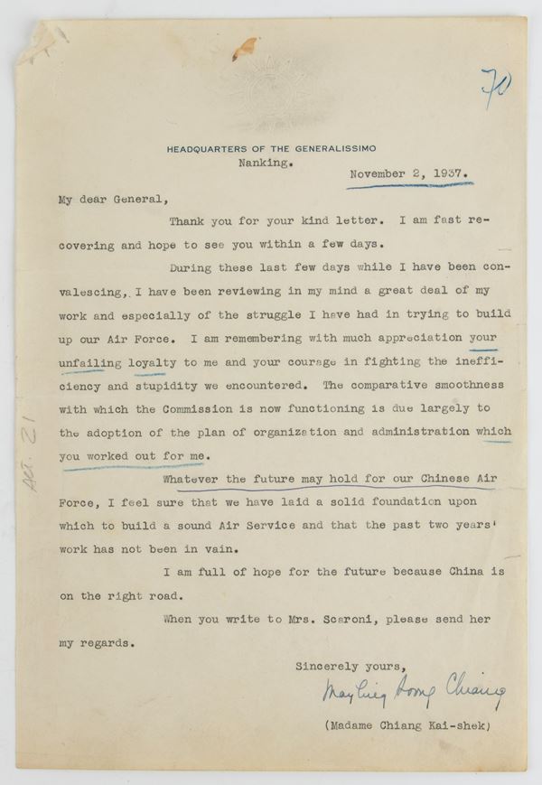 Lettera firmata da Madame Chiang Kai-shek