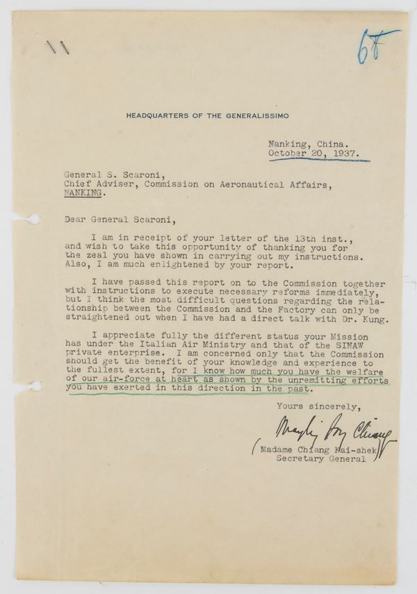 Lettera firmata da Madame Chiang Kai-shek