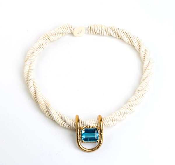 ISABELLA ASTENGO - Ostrich egg shell necklace with blu topaz pendant