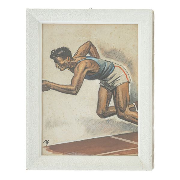 ANGELO GUAZZONI : “The Hundred Meter Runner”  - tempera on paper - Auction Smart Auction: furniture, paintings, sculptures, silver and more at affordable prices - Bertolami Fine Art - Casa d'Aste