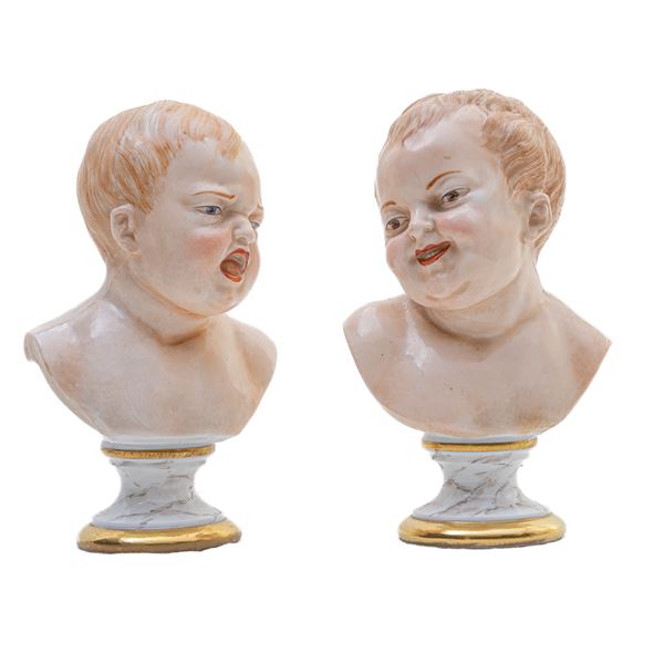 Pair of children, polychrome porcelain busts  (mid 20th century)  - Auction Smart Auction: furniture, paintings, sculptures, silver and more at affordable prices - Bertolami Fine Art - Casa d'Aste