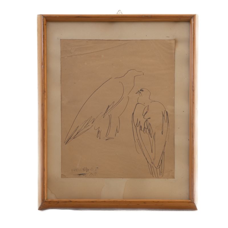 Pericle Fazzini - Coppia di Rapaci, Disegno Ad Inchiostro su Carta