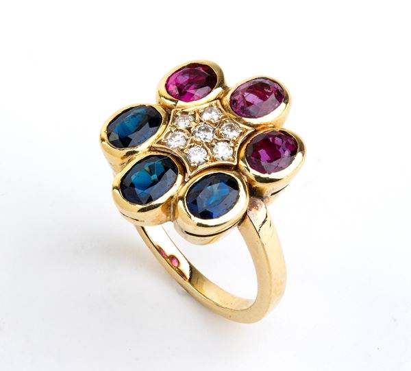 Diamond ruby sapphire gol floral ring   
