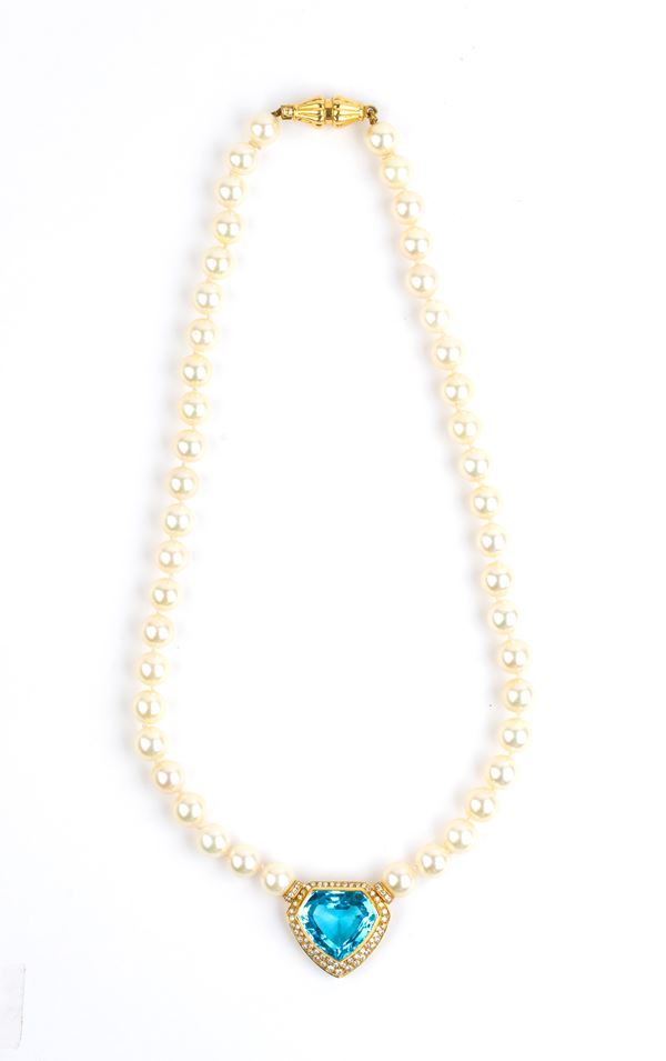 Diamond Blue topaz pearl gold necklace   