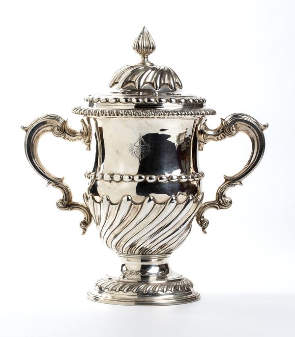 Large English Victorian two-handled silver cup