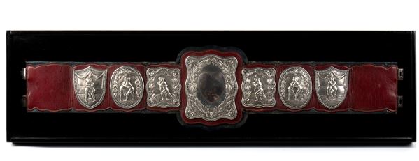 Goldsmiths &amp; Silversmiths Co (William Gibson &amp; John Lawrence Langman) - Rare English Victorian wrestling champion's belt with silver and gold appliqués