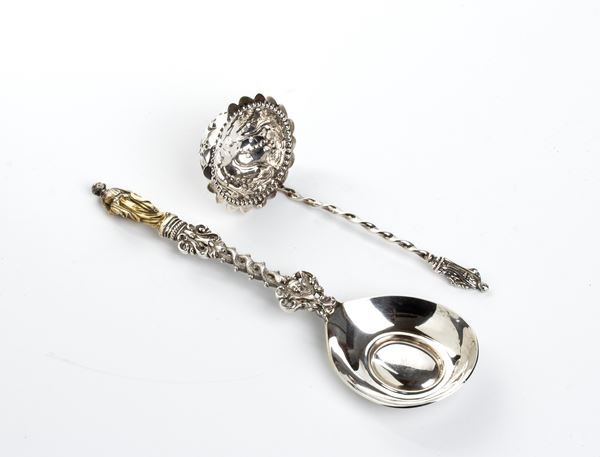 Francis Higgins II - Sterling silver spoon and strainer with apostles