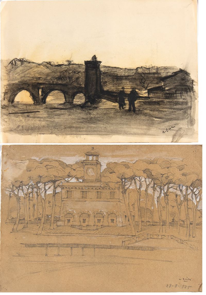 Alberto Ziveri - Lotto di Due Disegni di Paesaggi Romani