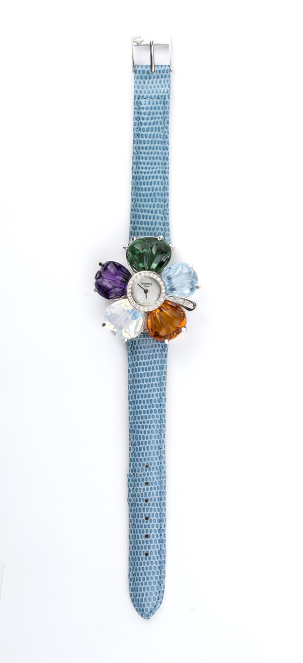 Pippo Perez - Gold lady wristwatch with diamonds, leather wristband