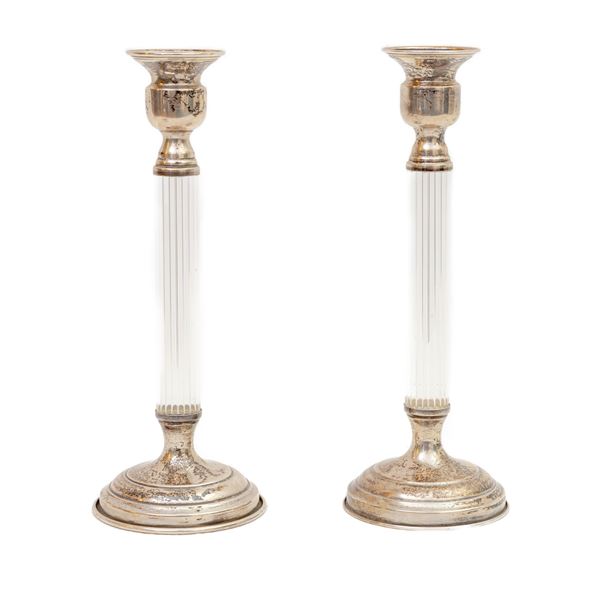 Pair of candlesticks in 925 silver and glass