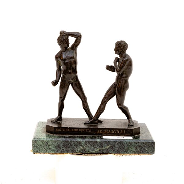 Wrestlers, bronze group with brown patina