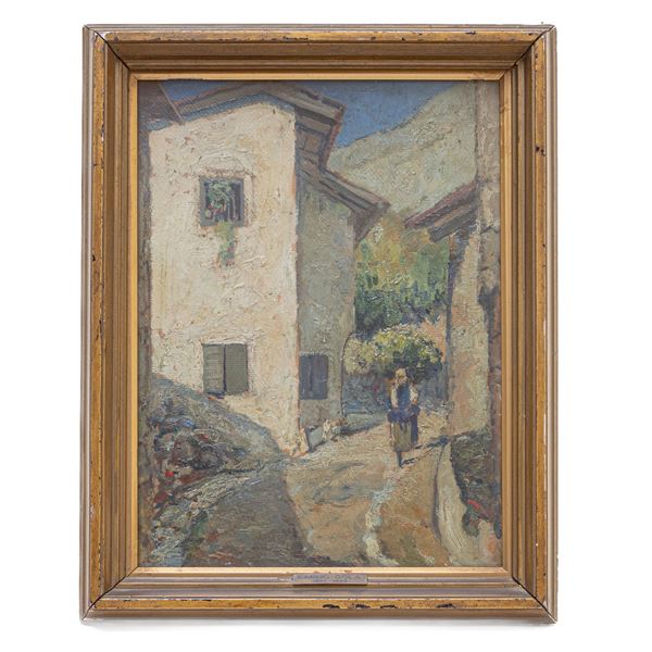 EMILIO GOLA : Scorcio di paese con viandante  - dipinto ad olio su cartone - Asta Smart Auction: arredi, dipinti, sculture, argenti e altro a prezzi vantaggiosi - Bertolami Fine Art - Casa d'Aste