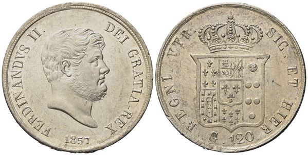 NAPOLI. Regno delle Due Sicilie. Ferdinando II di Borbone (1830-1859). Piastra da 120 grana 1857. Ag (27,47 g; 37,1 mm)  - Asta Monete e medaglie medievali e moderne italiane ed estere - Bertolami Fine Art - Casa d'Aste