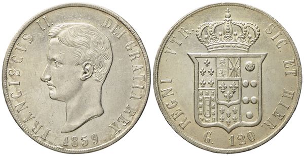 NAPOLI. Regno delle Due Sicilie. Francesco II di Borbone (1859-1860). Piastra da 120 grana 1859. Ag (27,55 g; 36,9 mm)