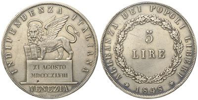 Venezia. Governo Provvisorio di Venezia (1848-1849). 5 Lire 1848 - II Tipo "XI Agosto". Ag (24,84...