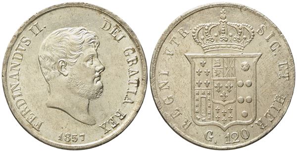 NAPOLI. Regno delle Due Sicilie. Ferdinando II di Borbone (1830-1859). Piastra da 120 grana 1857. Ag (27,50 g; 37,1 mm)