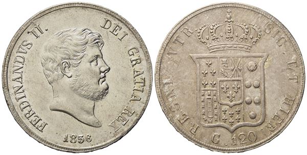 NAPOLI. Regno delle Due Sicilie. Ferdinando II di Borbone (1830-1859). Piastra da 120 grana 1856. Ag (27,54 g; 36,8 mm)  - Asta Monete e medaglie medievali e moderne italiane ed estere - Bertolami Fine Art - Casa d'Aste