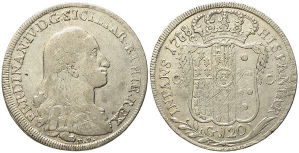 NAPOLI. Regno di Napoli. Ferdinando IV di Borbone (1759-1799 I periodo). Piastra da 120 grana 1788 - D.P. al dr. Ag (27,12 g; 41,4 mm)