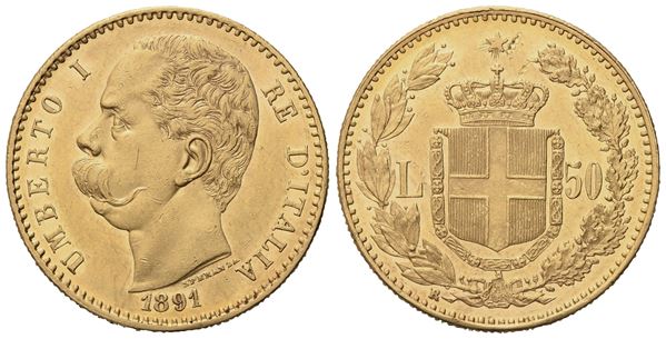 REGNO D'ITALIA. Umberto I (1878-1900). 50 Lire 1891. Au (16,16 G; 28 mm)  - Asta Monete e medaglie medievali e moderne italiane ed estere - Bertolami Fine Art - Casa d'Aste