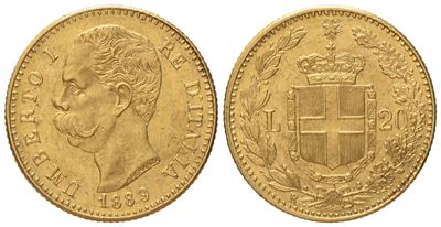 Regno D'italia. Umberto i (1878-1900). 20 Lire 1889. Au (6,44 G; 21 MM)