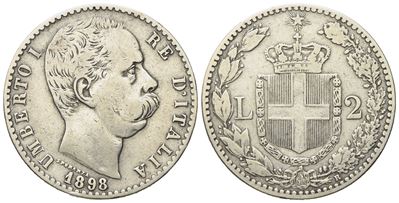 Regno D'italia. Umberto i (1878-1900). 2 Lire 1898. Ag (9,78 G; 27 MM)