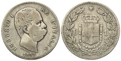 Regno D'italia. Umberto i (1878-1900). 1 Lira 1892. Ag (4,83 G; 22,8 MM)