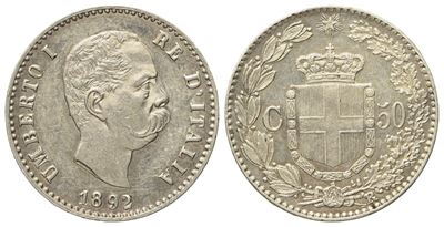 Regno D'italia. Umberto i (1878-1900). 50 Centesimi 1892. Ag (2,49 G; 17,9 MM)