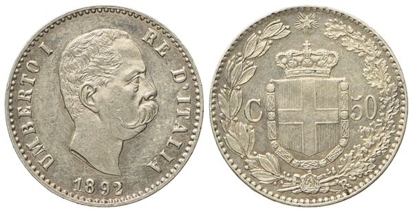 REGNO D'ITALIA. Umberto I (1878-1900). 50 Centesimi 1892. Ag (2,49 g; 17,9 mm)  - Asta Monete e medaglie medievali e moderne italiane ed estere - Bertolami Fine Art - Casa d'Aste