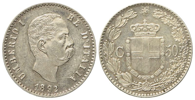 Regno D'italia. Umberto i (1878-1900). 50 Centesimi 1892. Ag (2,49 G; 17,9 MM)