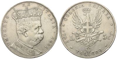 Regno D'italia. Colonia Eritrea. Umberto i (1890-1896). 5 Lire - Tallero 1891. Ag (28 G; 40,3 MM)