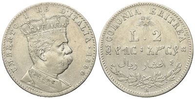 Regno D'italia. Colonia Eritrea. Umberto i (1890-1896). 2 Lire - 4/10 di Tallero 1890. Ag (10 G; ...