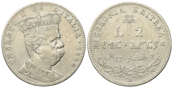 REGNO D'ITALIA. Colonia Eritrea. Umberto I (1890-1896). 2 Lire - 4/10 di Tallero 1890. Ag (10 g; 27 mm) 