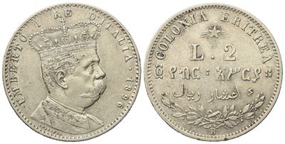 Regno D'italia. Colonia Eritrea. Umberto i (1890-1896). 2 Lire - 4/10 Tallero 1896. Ag (10 G; 27,...
