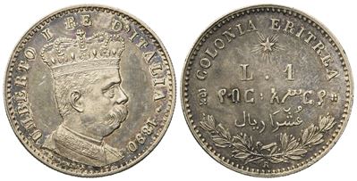 Regno D'italia. Colonia Eritrea. Umberto i (1890-1896). 1 Lira - 2/10 Tallero 1890. Ag (4,97 G; 2...
