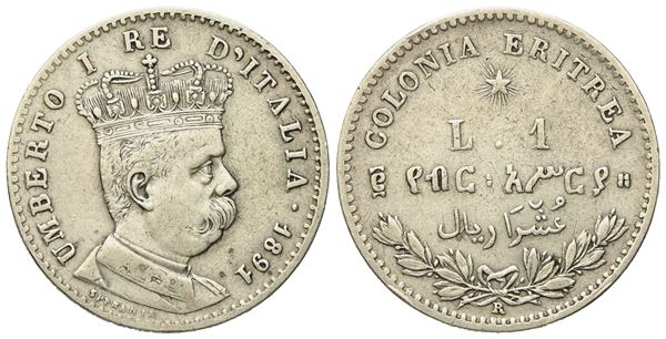 REGNO D'ITALIA. Colonia Eritrea. Umberto I (1890-1896). 1 Lira - 2/10 Tallero 1891. Ag (4,87 g; 23 mm)  - Asta Monete e medaglie medievali e moderne italiane ed estere - Bertolami Fine Art - Casa d'Aste