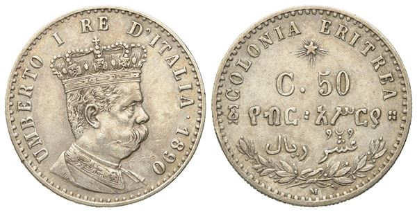 REGNO D'ITALIA. Colonia Eritrea. Umberto I (1890-1896). 50 Centesimi - 1/10 Tallero 1890. Ag (2,48 g; 18 mm)  - Auction Modern Coins - Bertolami Fine Art - Casa d'Aste