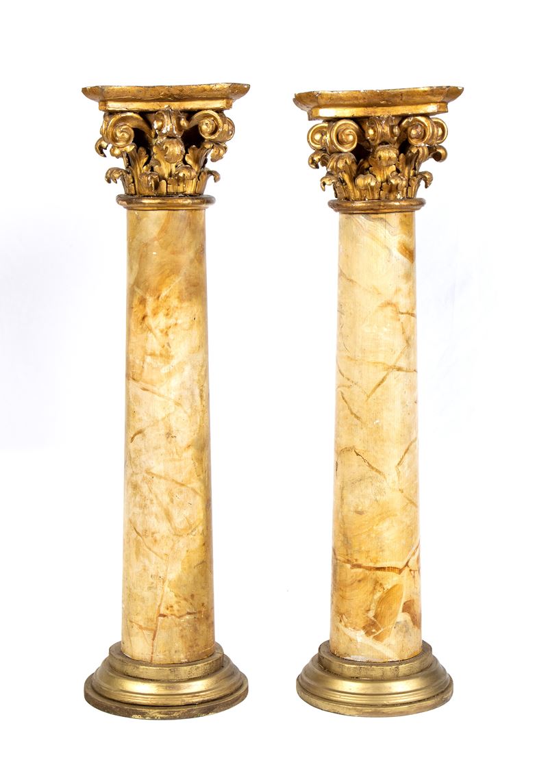 Coppia di Colonne Italiane in Legno Dorate, Luigi XVI