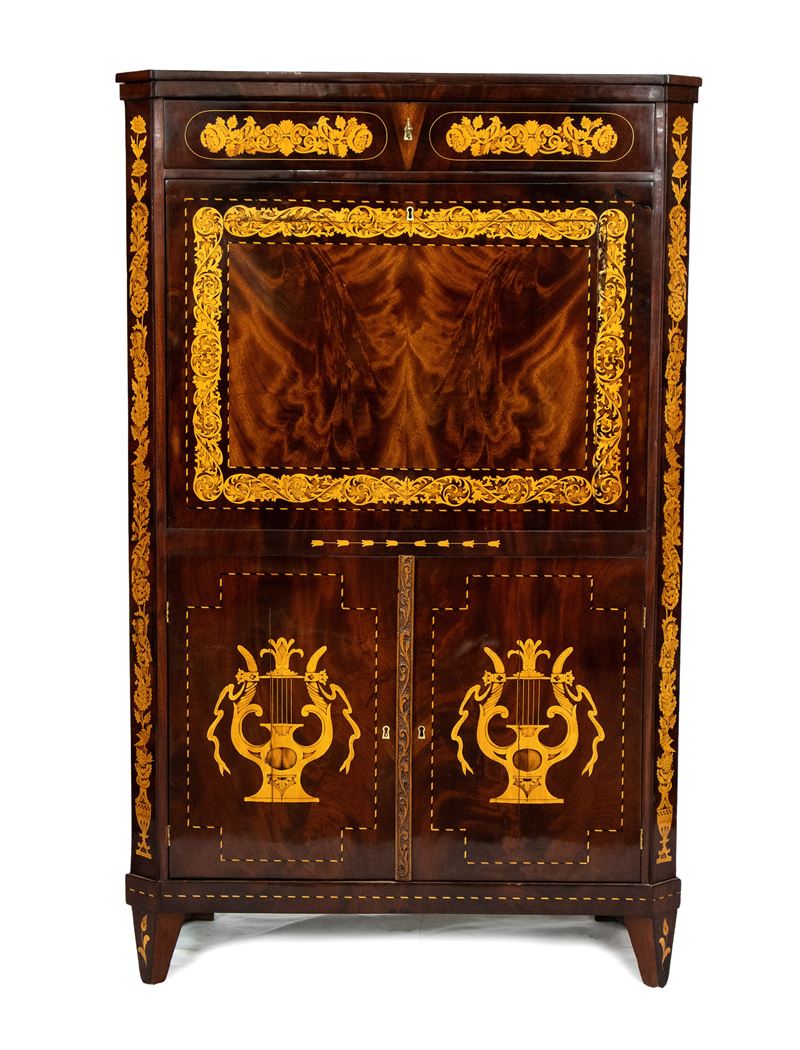 Secretaire Olandese in Mogano Intarsiato, Carlo X