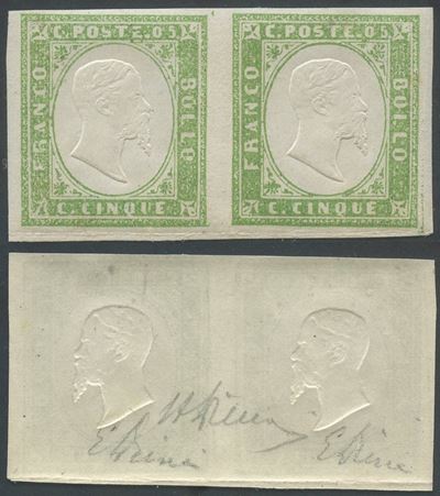 Sardegna, 5 centesimi verde giallo, coppia del 1859
