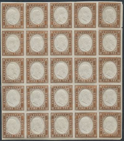 Sardegna, 3 Lire blocco di 25 esemplari del 1861